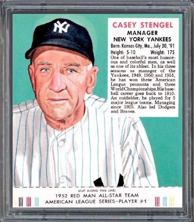 1952 Red Man #1 Casey Stengel Card